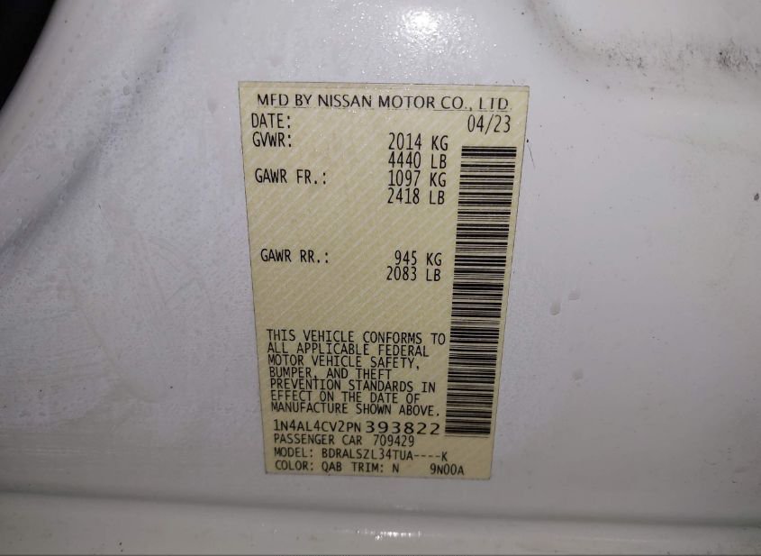 2023 NISSAN ALTIMA SR VC-TURBO FWD(VIN: 1N4AL4CV2PN393822