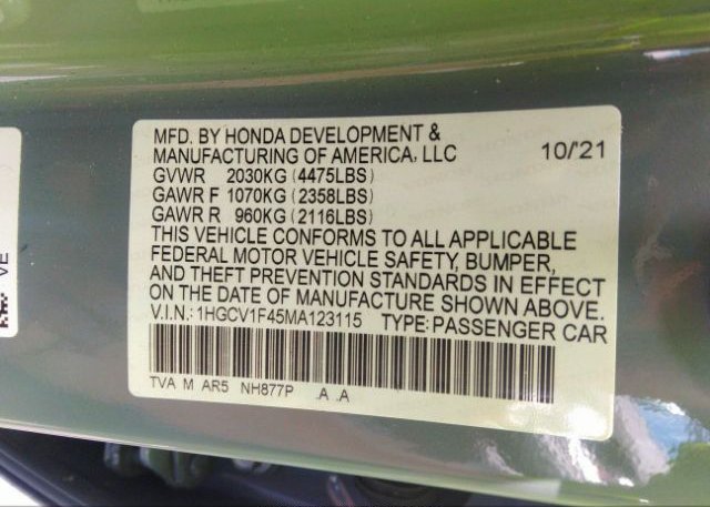 2021 HONDA ACCORD SEDAN(VIN: 1HGCV1F45MA123115