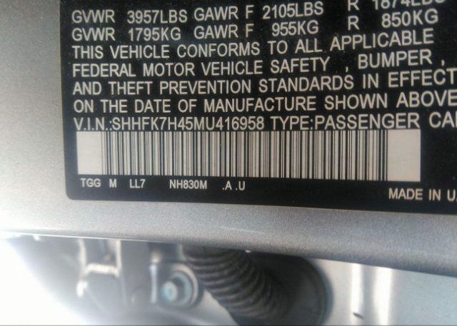 2021 HONDA CIVIC HATCHBACK(VIN: SHHFK7H45MU416958