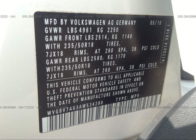 WVGBV7AX3AW534280 2010 VOLKSWAGEN TIGUAN