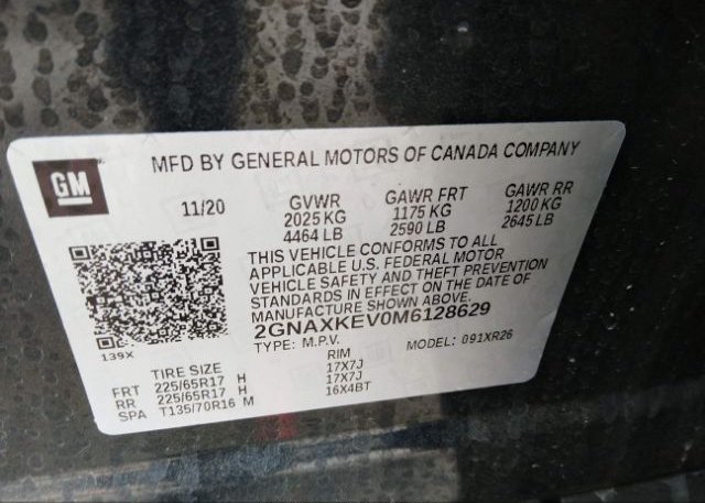 2021 CHEVROLET EQUINOX(VIN: 2GNAXKEV0M6128629