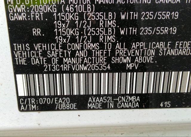 2022 TOYOTA RAV4(VIN: 2T3C1RFV0NW205354
