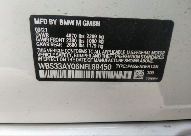 2022 BMW M3(VIN: WBS33AY06NFL89450