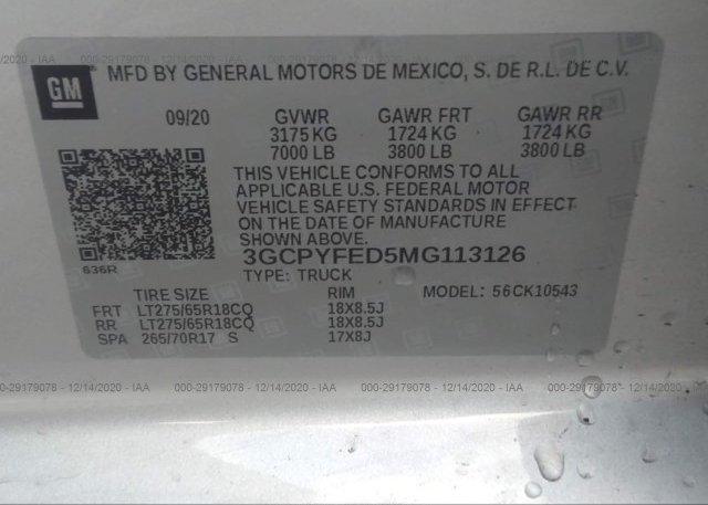 3GCPYFED5MG113126 2021 CHEVROLET 1500