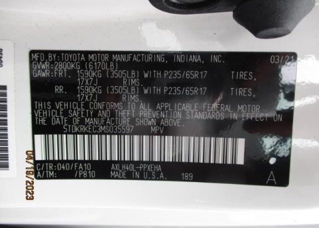 2021 TOYOTA SIENNA(VIN: 5TDKRKEC3MS035597