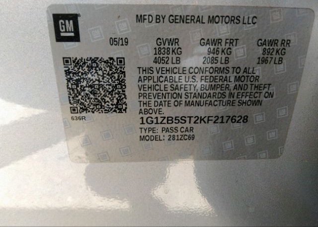 2019 CHEVROLET MALIBU VIN: 1G1ZB5ST2KF217628