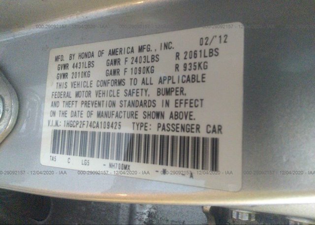1HGCP2F74CA109425 2012 HONDA ACCORD SDN