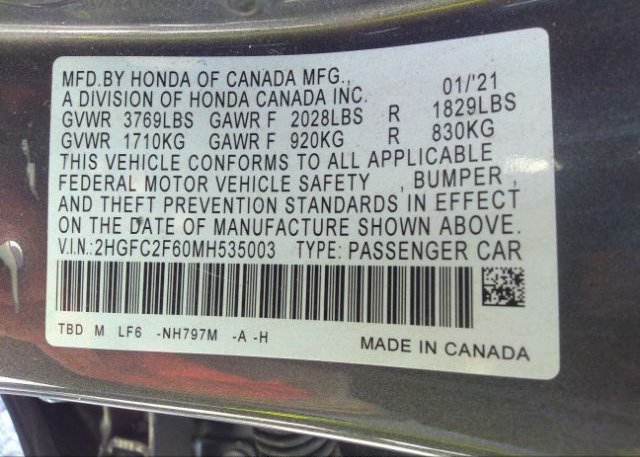 2021 HONDA CIVIC SEDAN(VIN: 2HGFC2F60MH535003