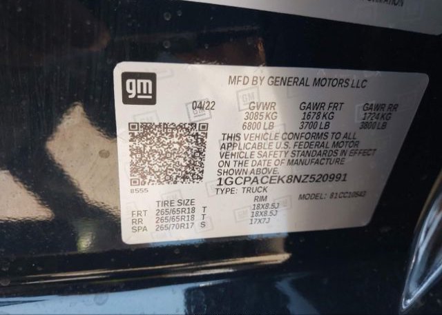 2022 CHEVROLET SILVERADO 1500(VIN: 1GCPACEK8NZ520991