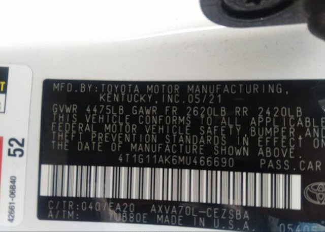 2021 TOYOTA CAMRY(VIN: 4T1G11AK6MU466690