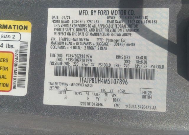 2021 FORD MUSTANG(VIN: 1FATP8UH4M5107896