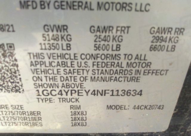 2022 CHEVROLET SILVERADO 2500HD(VIN: 1GC4YPEY4NF113634