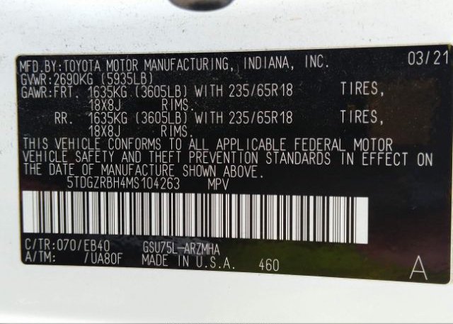 2021 TOYOTA HIGHLANDER(VIN: 5TDGZRBH4MS104263
