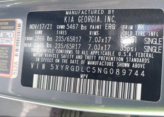 2022 KIA SORENTO(VIN: 5XYRGDLC5NG089744