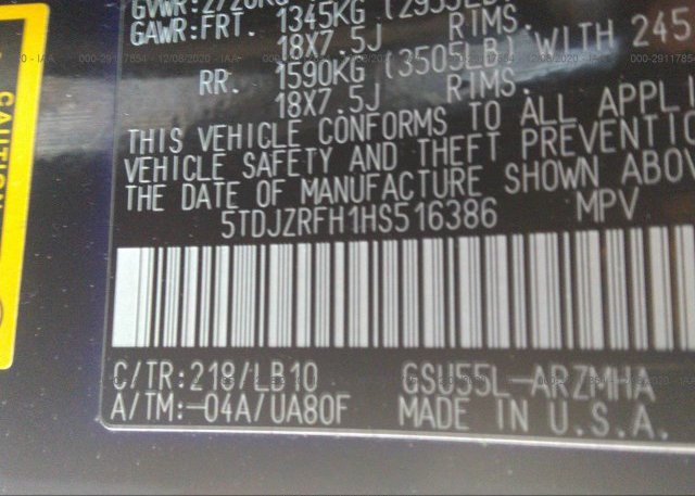 5TDJZRFH1HS516386 2017 TOYOTA HIGHLANDER
