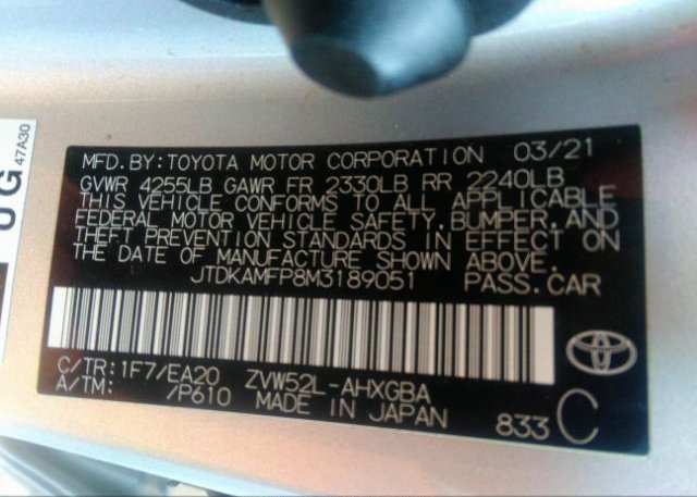 2021 TOYOTA PRIUS PRIME(VIN: JTDKAMFP8M3189051