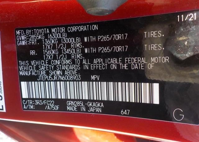 2022 TOYOTA 4RUNNER(VIN: JTEPU5JR7N6008903