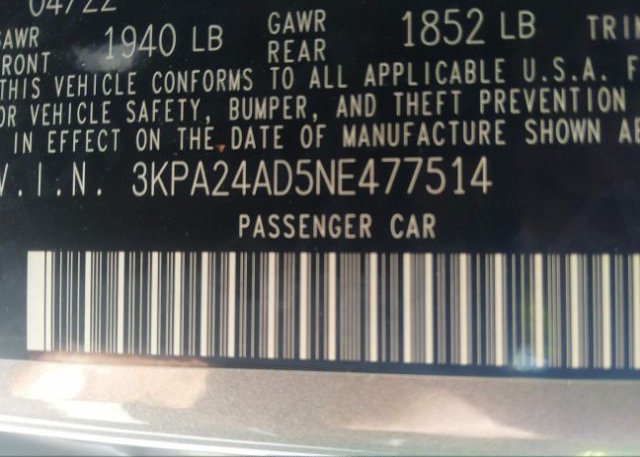 2022 KIA RIO(VIN: 3KPA24AD5NE477514