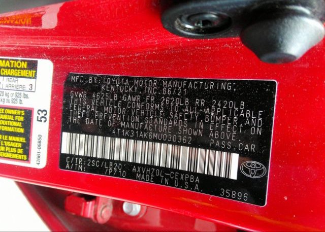 2021 TOYOTA CAMRY(VIN: 4T1K31AK6MU030362