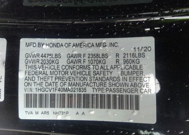 2021 HONDA ACCORD SEDAN(VIN: 1HGCV1F40MA021835
