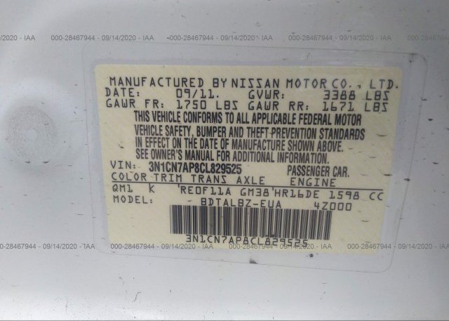 3N1CN7AP8CL829525 2012 NISSAN VERSA