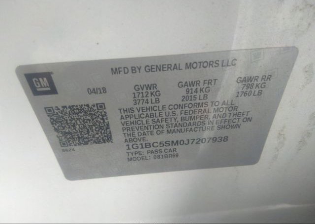 2018 CHEVROLET CRUZE VIN: 1G1BC5SM0J7207938