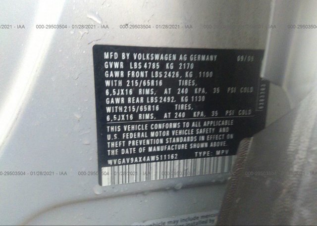 WVGAV9AX4AW511162 2010 VOLKSWAGEN TIGUAN