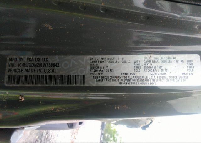 2021 JEEP WRANGLER(VIN: 1C4HJXDN2MW760643