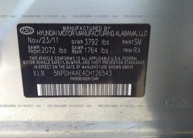 5NPDH4AE4CH126543 2012 HYUNDAI ELANTRA
