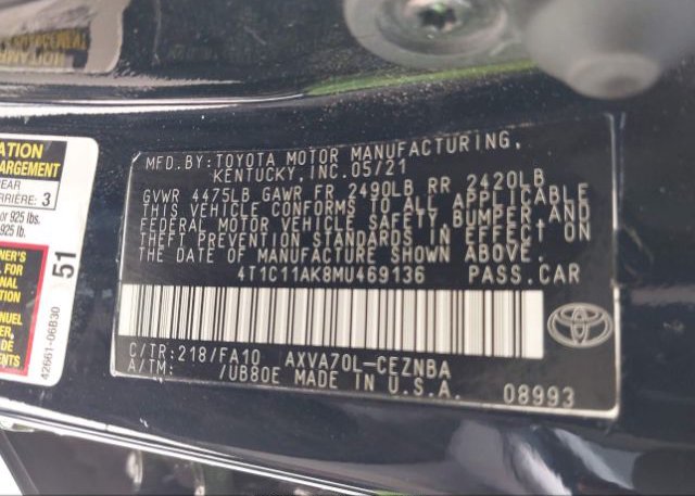 2021 TOYOTA CAMRY(VIN: 4T1C11AK8MU469136