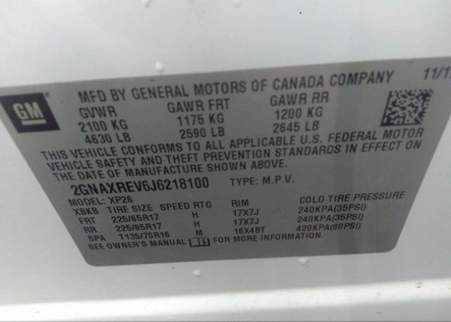 2018 CHEVROLET EQUINOX VIN: 2GNAXREV6J6218100