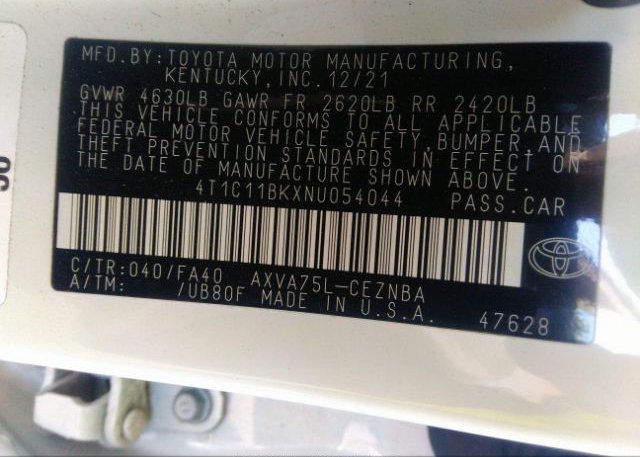 2022 TOYOTA CAMRY(VIN: 4T1C11BKXNU054044