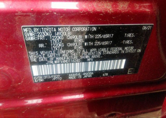 2021 TOYOTA RAV4(VIN: JTMLWRFV4MD116240