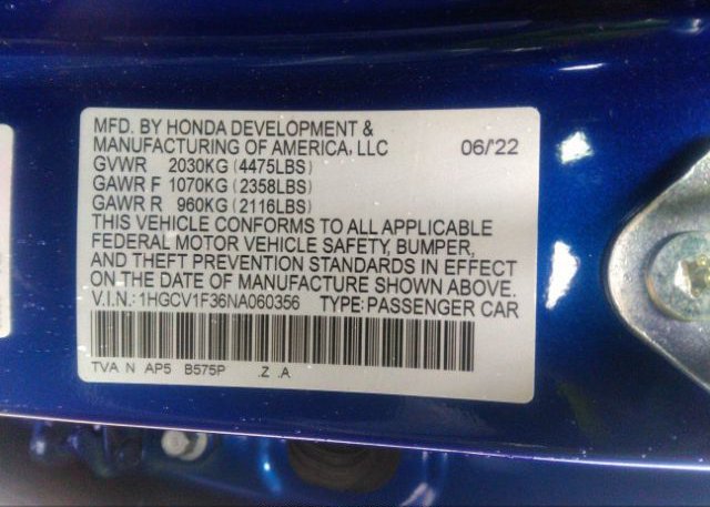2022 HONDA ACCORD SEDAN(VIN: 1HGCV1F36NA060356