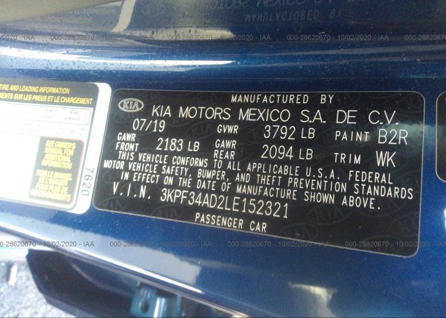 3KPF34AD2LE152321 2020 KIA FORTE