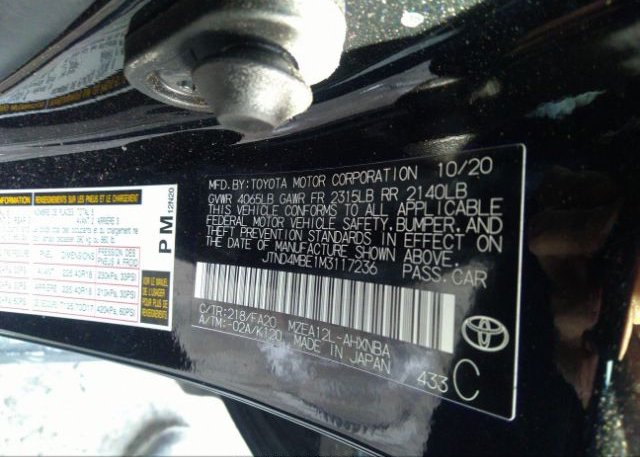 2021 TOYOTA COROLLA HATCHBACK(VIN: JTND4MBE1M3117236