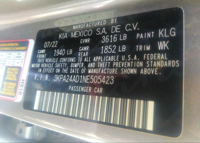 2022 KIA RIO(VIN: 3KPA24AD1NE505423