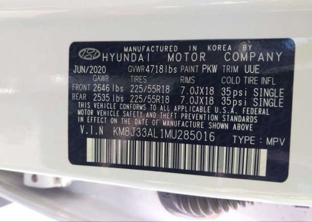 2021 HYUNDAI TUCSON(VIN: KM8J33AL1MU285016