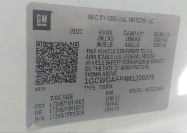 2021 CHEVROLET EXPRESS CARGO VAN(VIN: 1GCWGAFP4M1200279