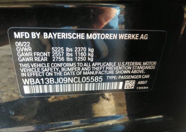 2022 BMW 5 SERIES(VIN: WBA13BJ09NCL05585