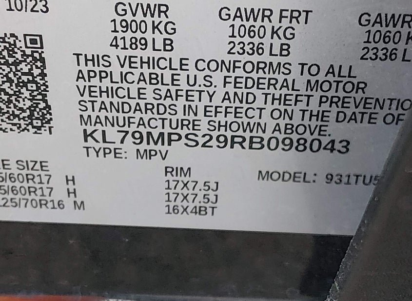 2024 Chevrolet Trailblazer 1.2L I-3 DI, DOHC, VVT,(VIN: KL79MPS29RB098043