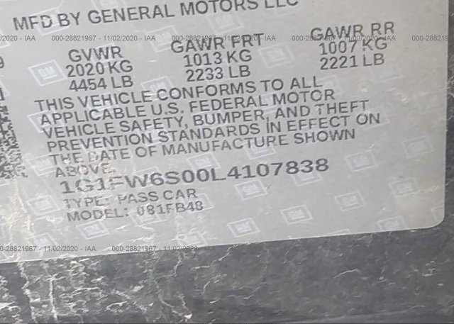 1G1FW6S00L4107838 2020 CHEVROLET BOLT EV