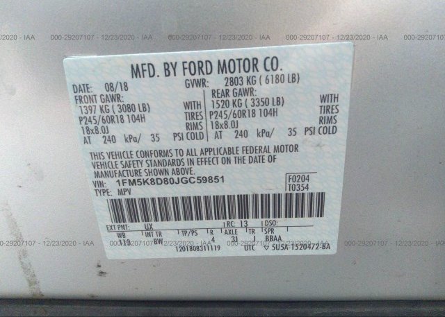 1FM5K8D80JGC59851 2018 FORD EXPLORER