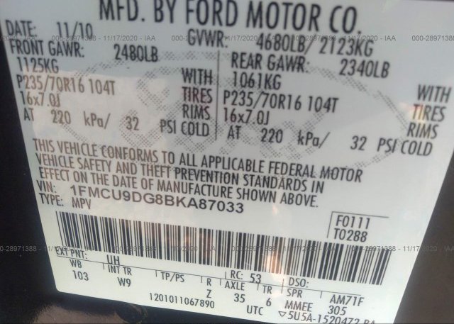 1FMCU9DG8BKA87033 2011 FORD ESCAPE