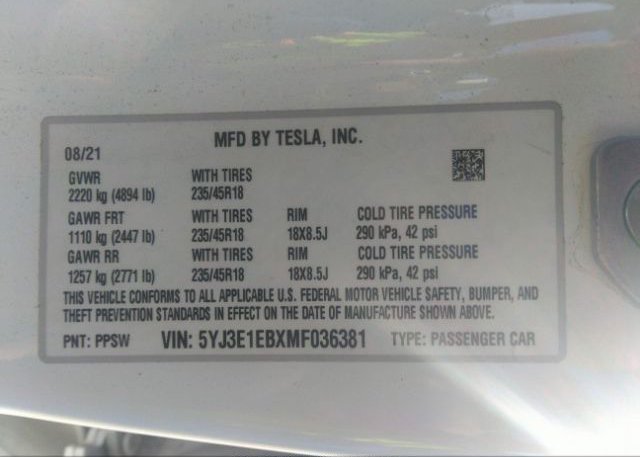 2021 TESLA MODEL 3(VIN: 5YJ3E1EBXMF036381