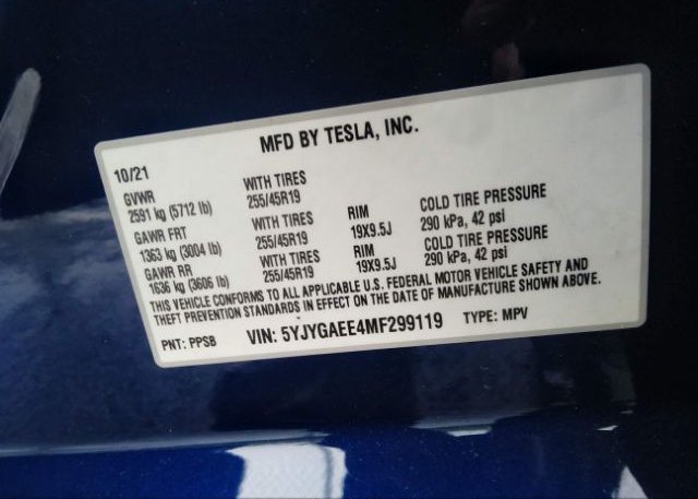 2021 TESLA MODEL Y(VIN: 5YJYGAEE4MF299119
