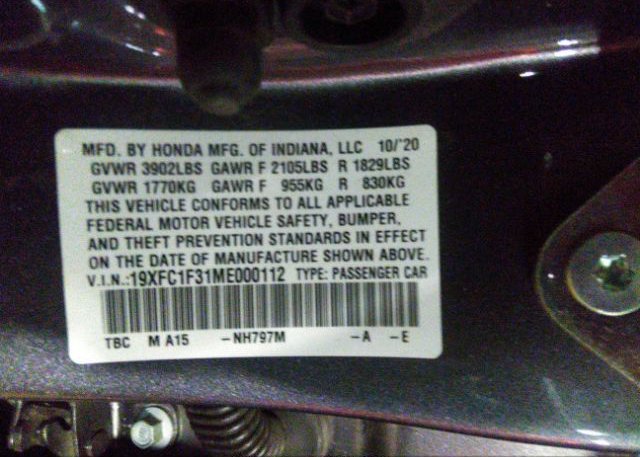 2021 HONDA CIVIC SEDAN(VIN: 19XFC1F31ME000112