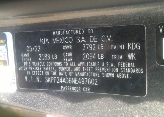 2022 KIA FORTE(VIN: 3KPF24AD6NE497602