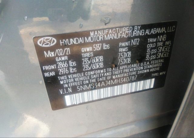 2021 HYUNDAI SANTA FE(VIN: 5NMS34AJ4MH340787