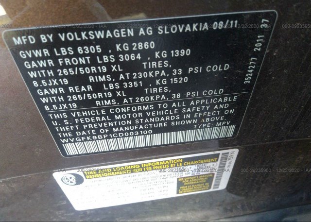 WVGFK9BP1CD003100 2012 VOLKSWAGEN TOUAREG
